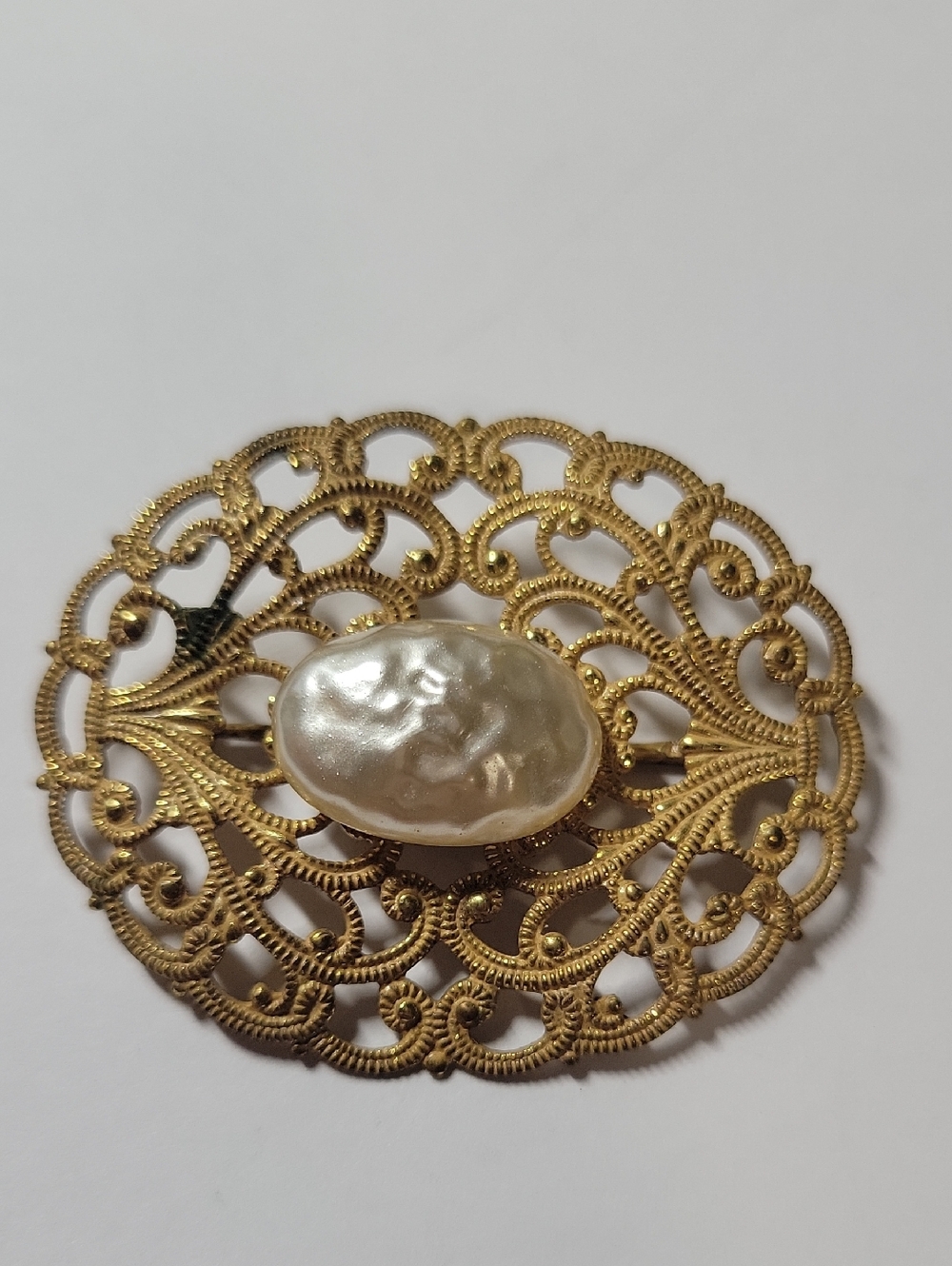 Gold Tone Filigree Brooch with Baroque Pearl Accent ,Miriam Haskell